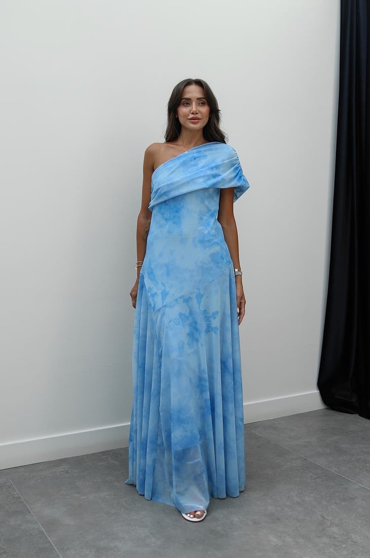 Mavi Desenli One Shoulder Şifon Elbise