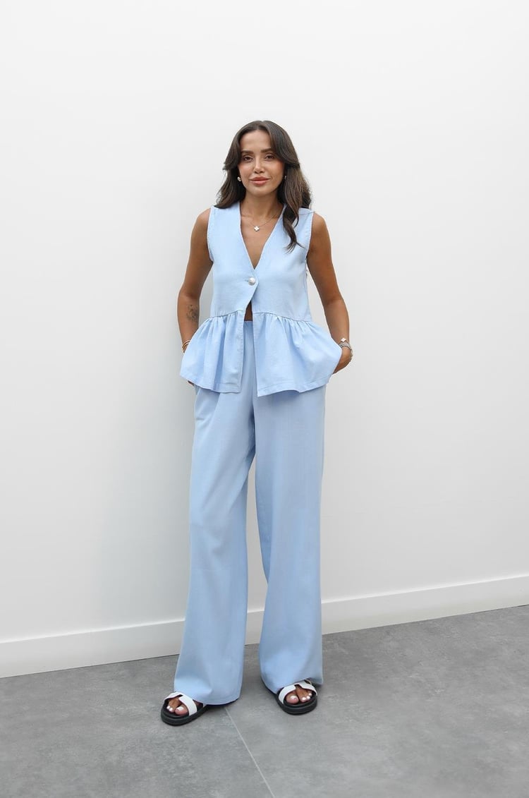 Mavi Önü Tek Düğmeli Yelek Pantolon Takım