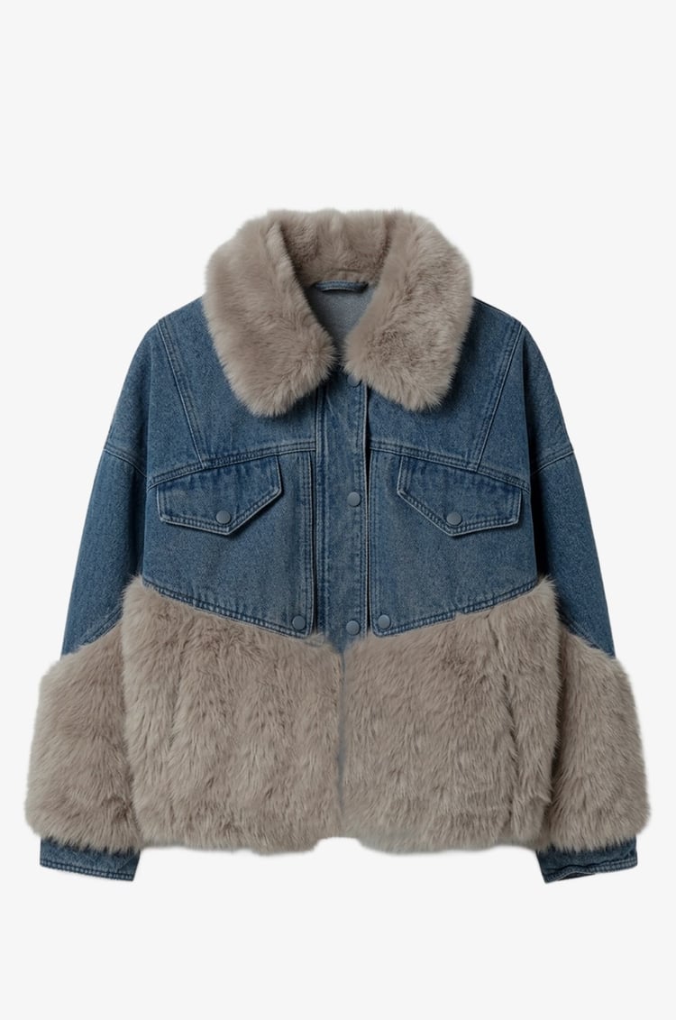 Mavi Peluş Kürk Garnili Denim Mont