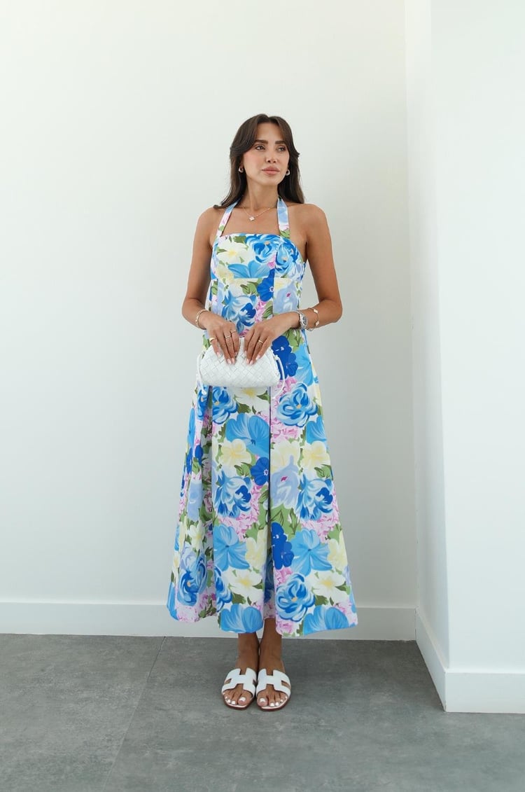Mavi Rush Çiçek Desenli Boyundan Bağlamalı Elbise