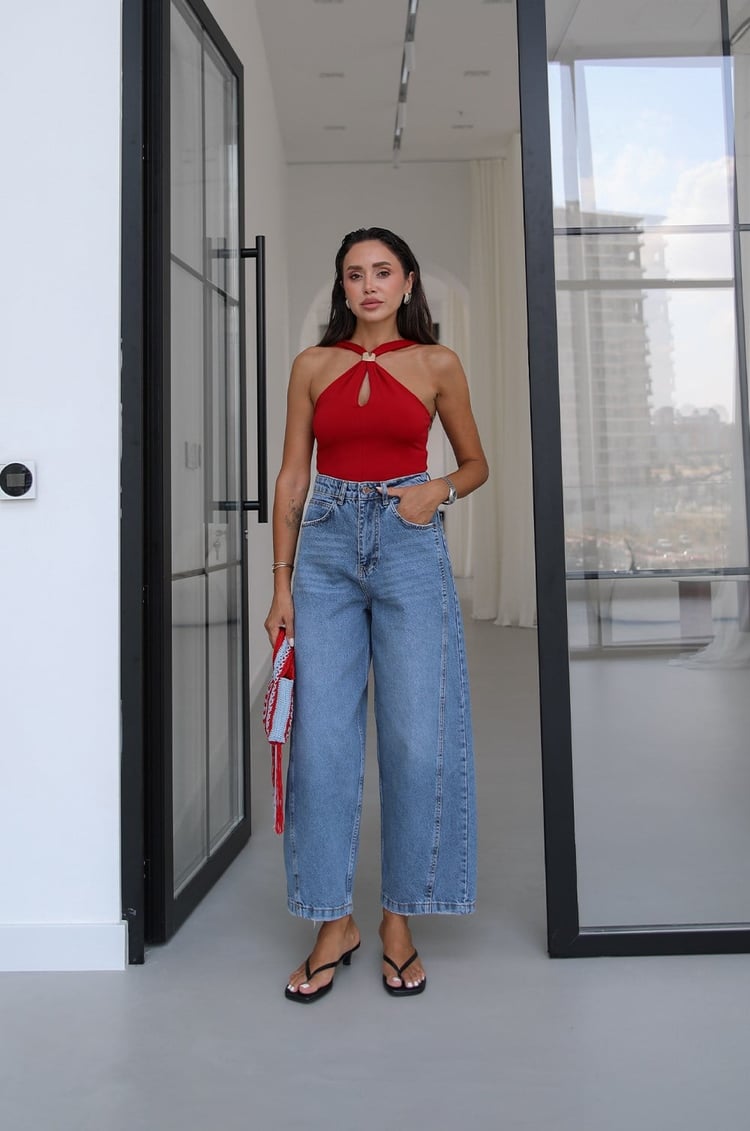 Mavi Yanı Çift Dikişli Mom Jean