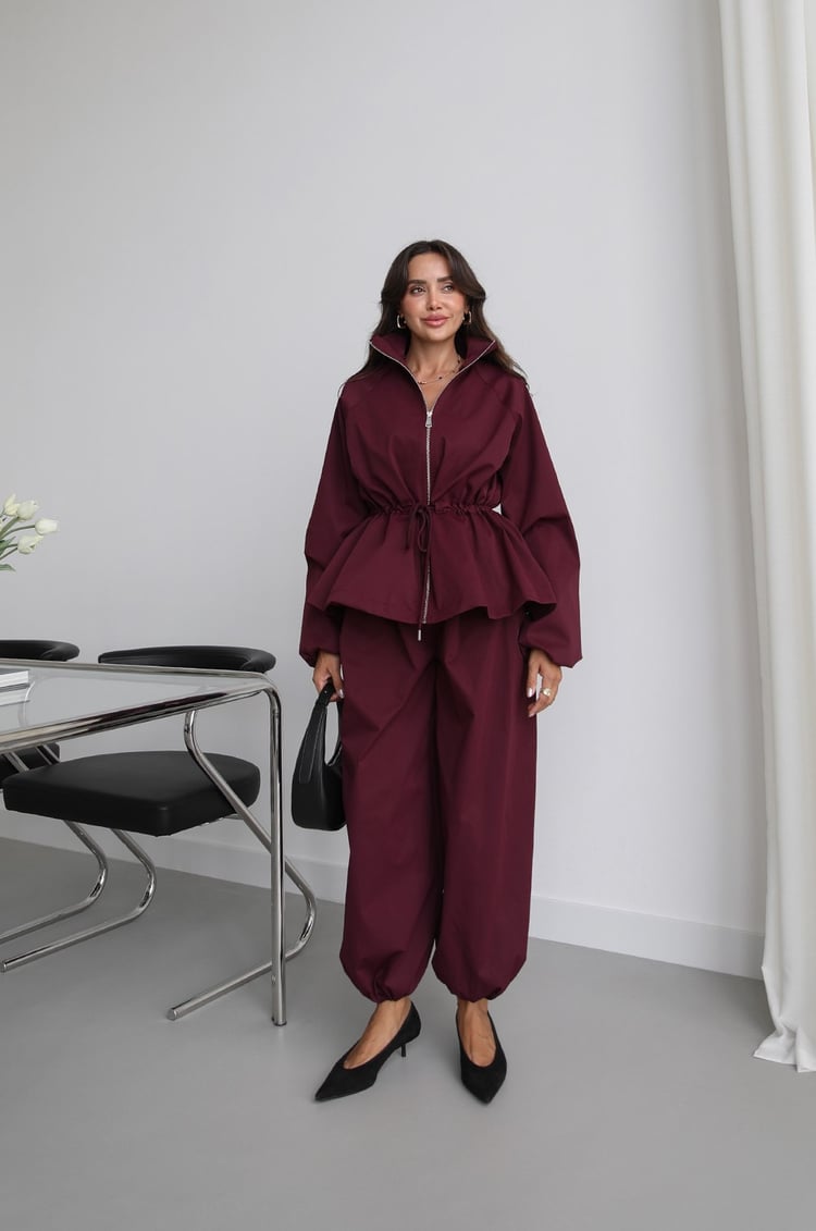 Mürdüm Beli İp Büzgülü Şalvar Pantolon Ceket Takım