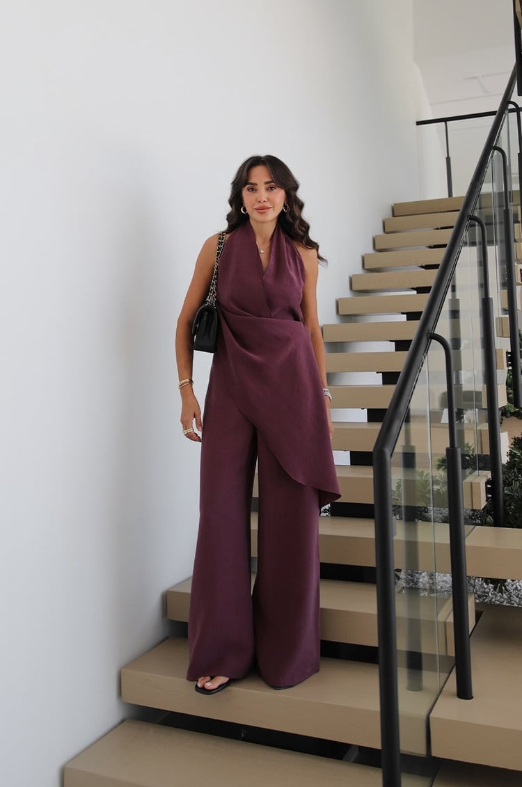 Mürdüm Halter Yaka Şal Detaylı Tulum