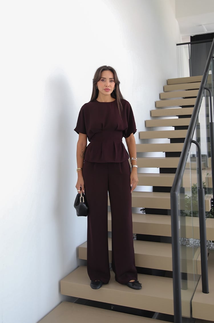 Mürdüm İp Kemerli Pileli Bluz Pantolon Takım