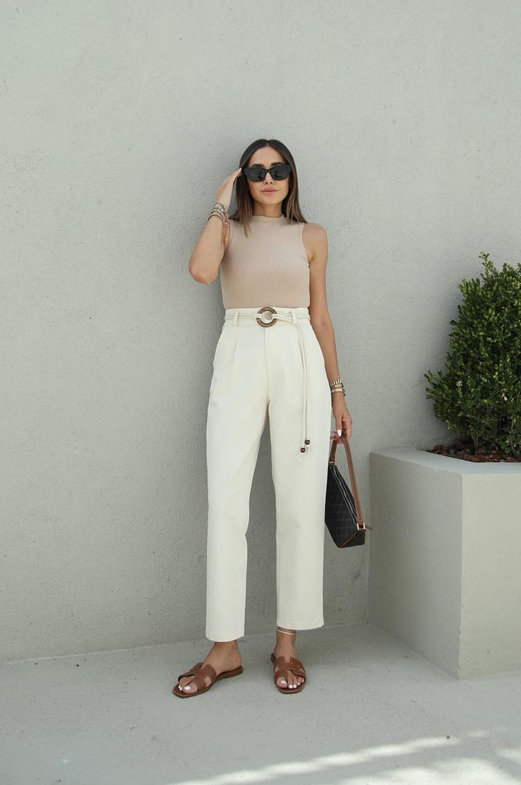 Natural Halka Kemerli Keten Pantolon