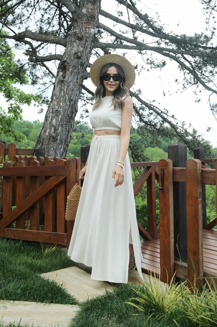 Natural Sıfır Kol Crop Etek Takım