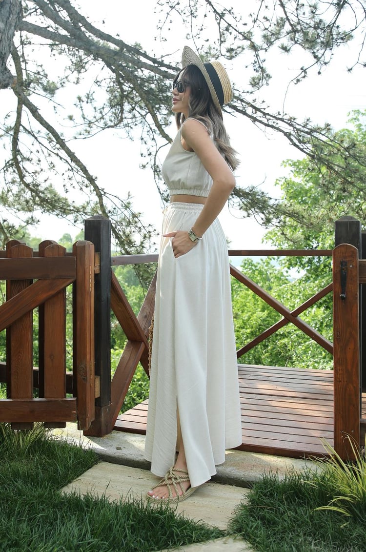 Natural Sıfır Kol Crop Etek Takım