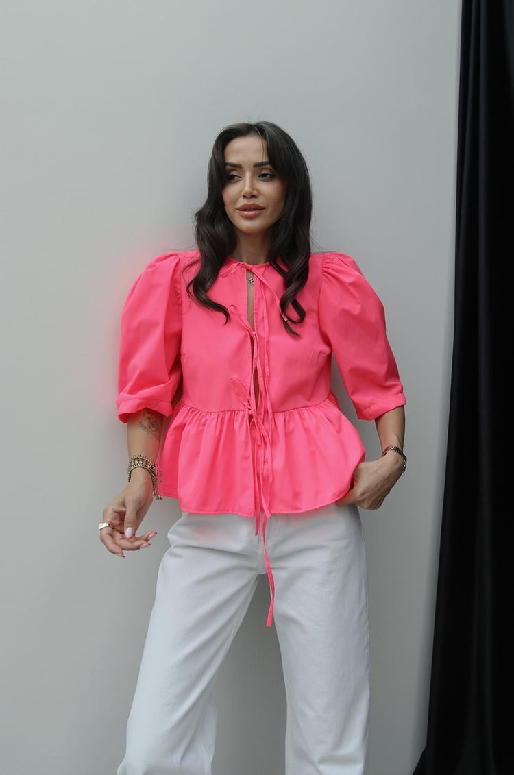 Neon Pembe Voleta Önü Bağlamalı Bluz