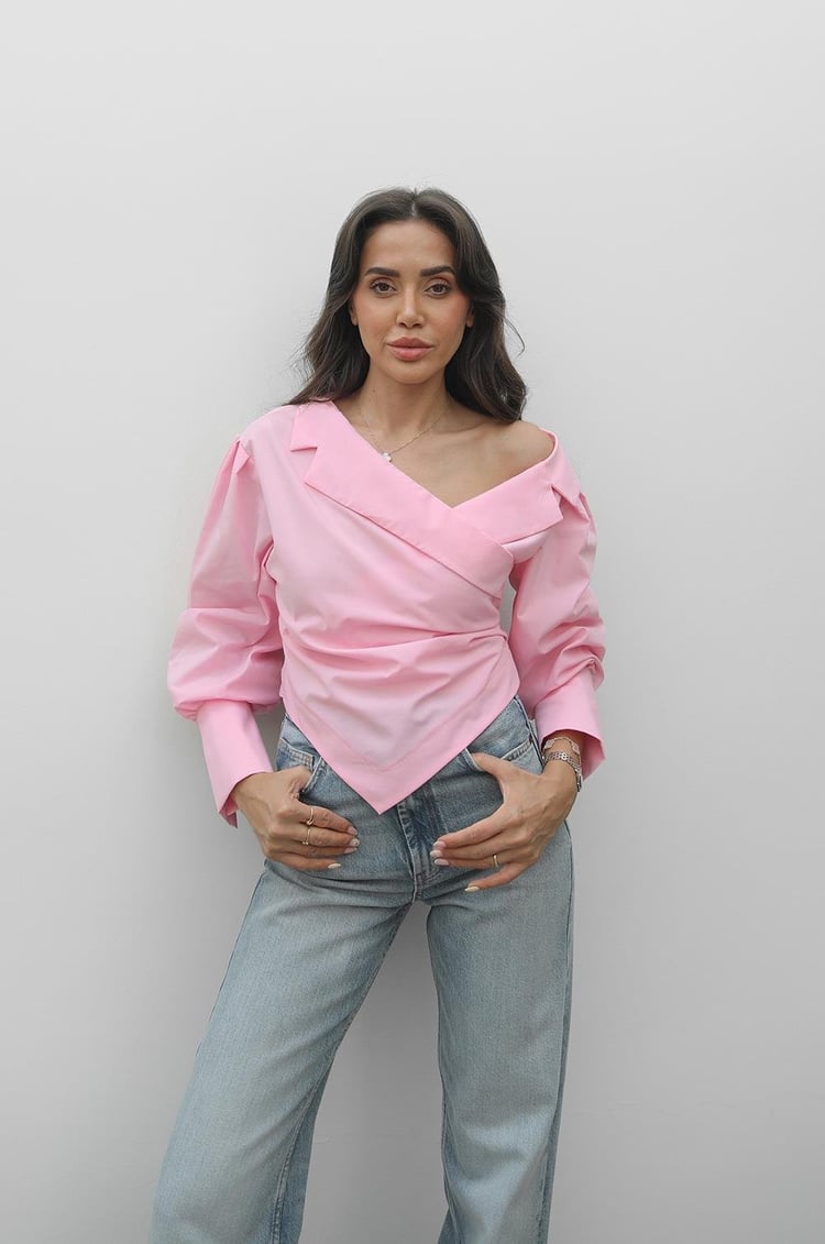 Pembe Asimetrik Kesim İp Bağcıklı Gömlek