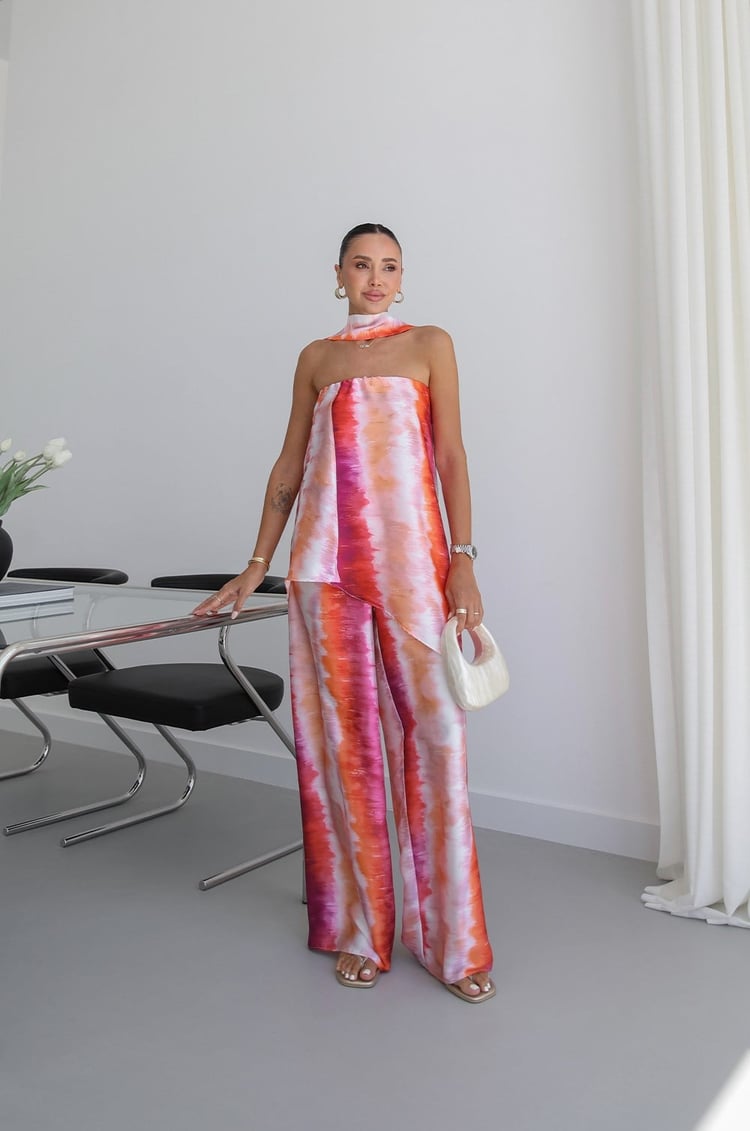 Pembe Batik Desen Straplez Bluz Pantolon Takım