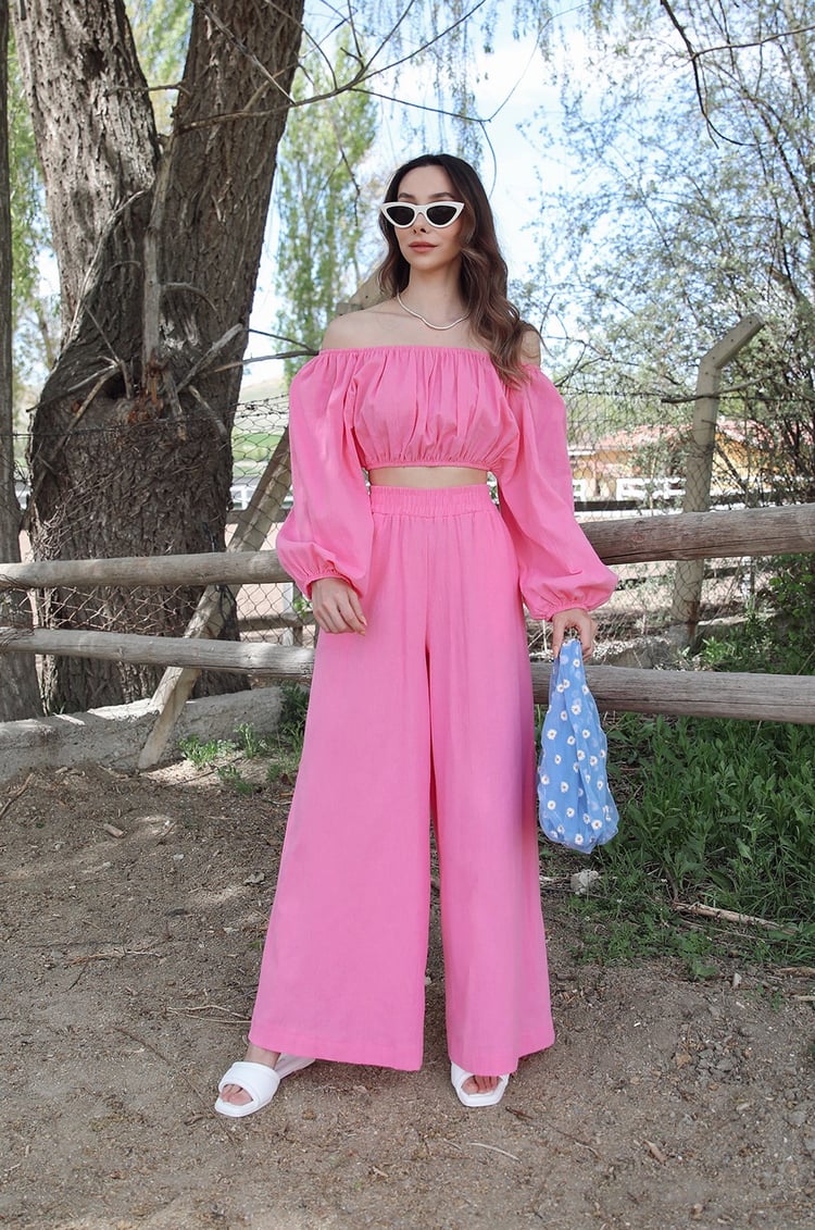 Pembe Bol Paça Pantolon Crop Takım