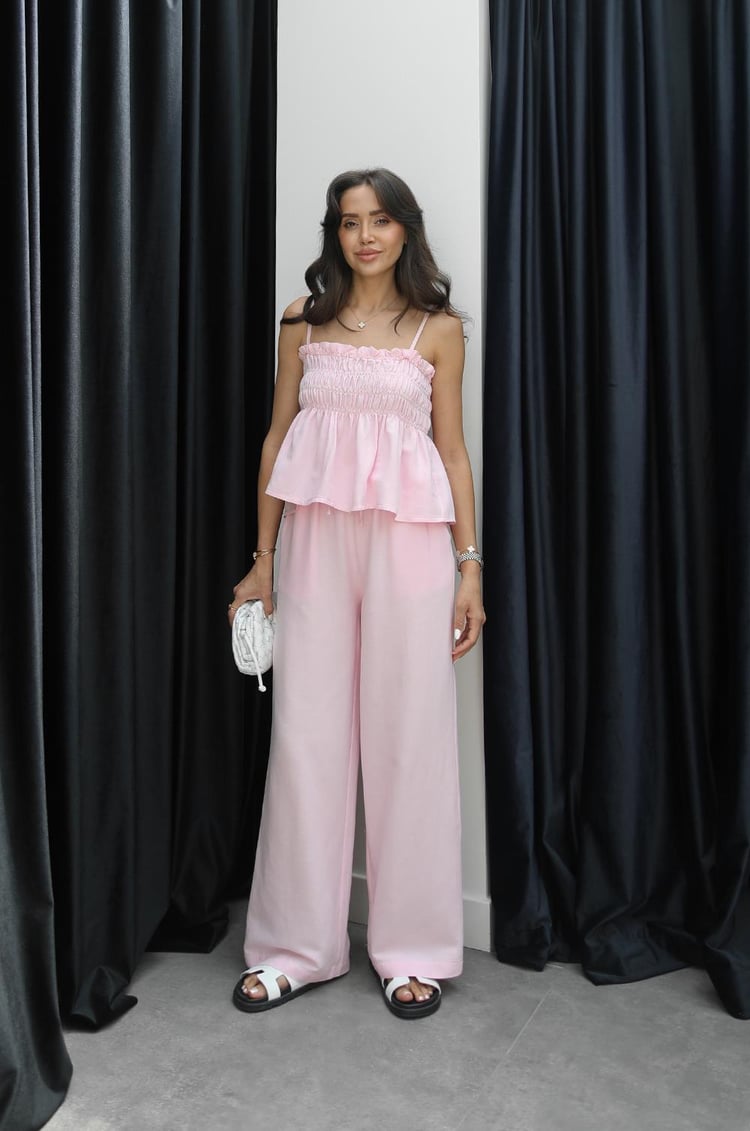 Pembe Gipeli Bluz Pantolon Keten Takım