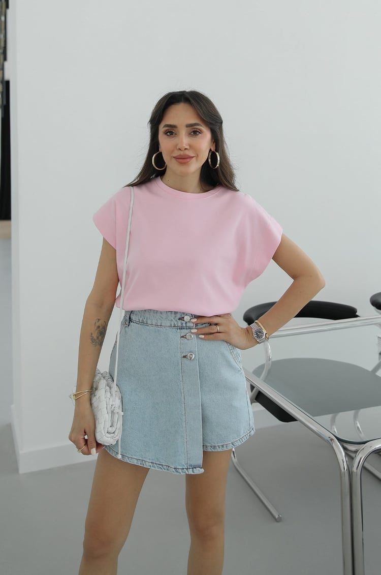 Pembe Kapak Kol Basic Tişört