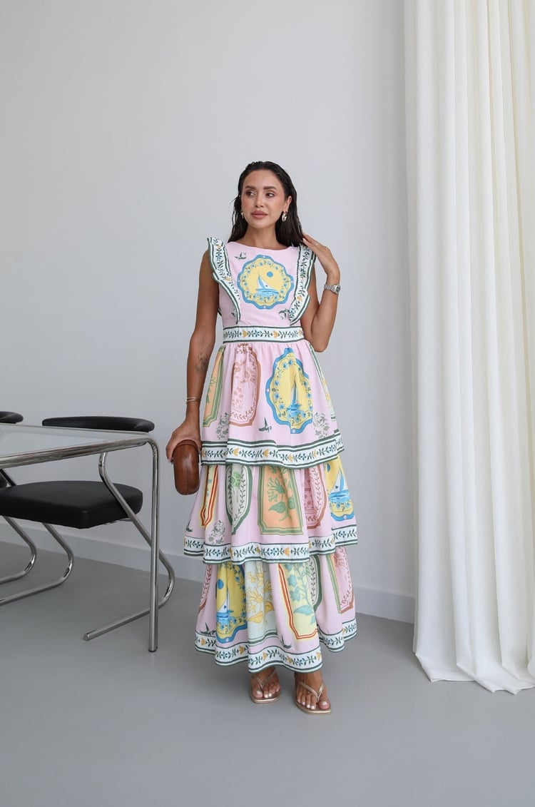 Pembe Marine Desenli Maxi Elbise