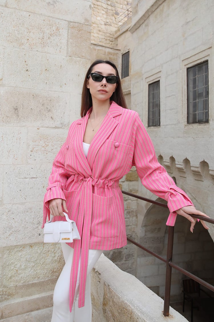 Pembe Maroken Çizgili Kuşaklı Ceket