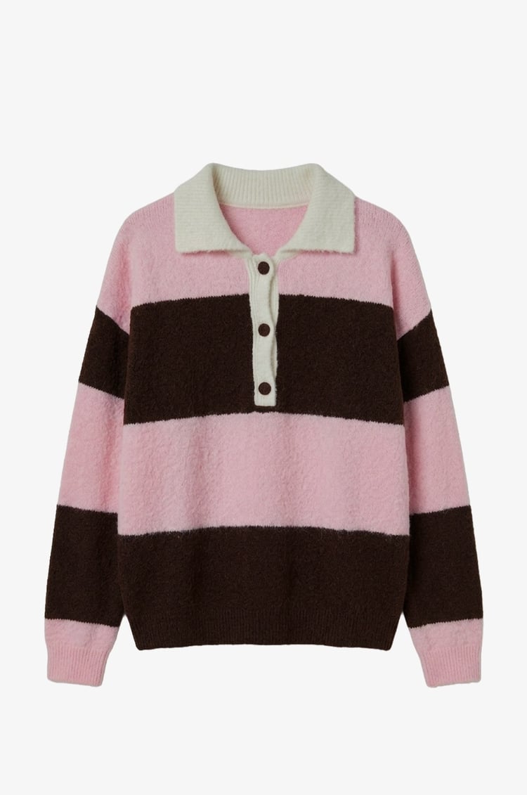 Pembe Nora Çizgili Polo Yaka Kazak