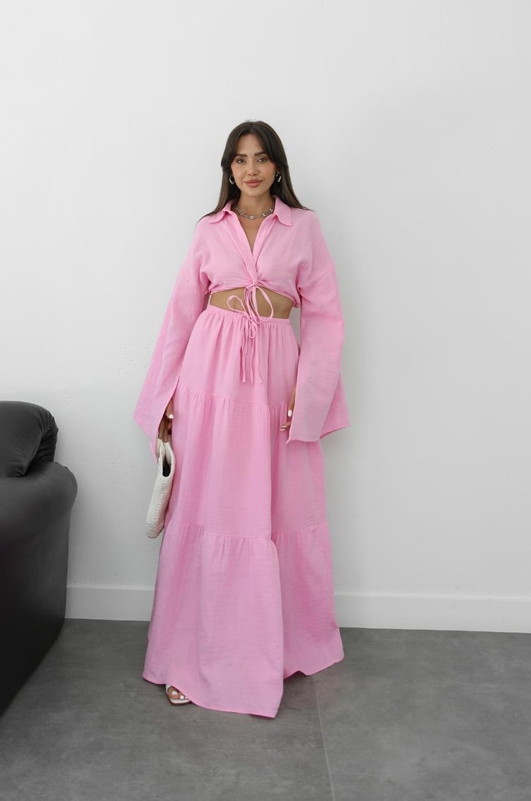 Pembe Önü Düğüm Detaylı Bluz Etek Takım