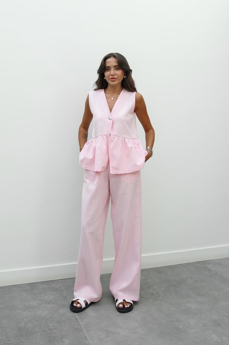 Pembe Önü Tek Düğmeli Yelek Pantolon Takım