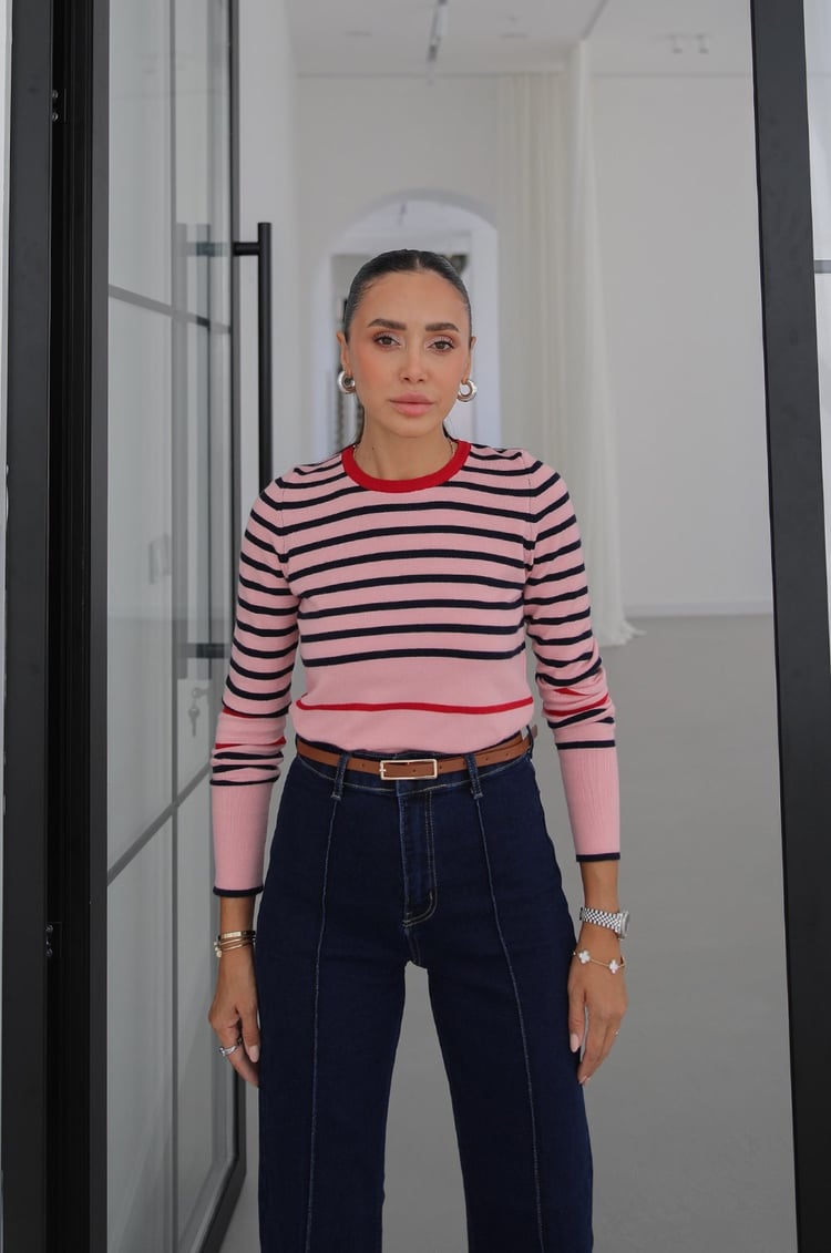 Pembe Renk Bloklu Çizgili Triko Kazak