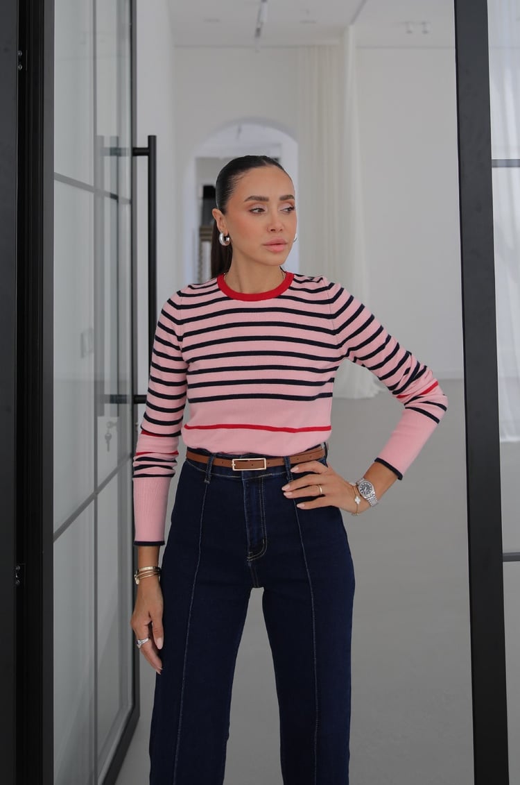 Pembe Renk Bloklu Çizgili Triko Kazak