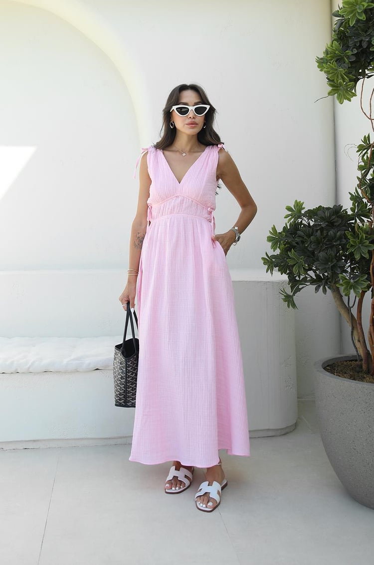 Pembe Shada Beli Lastik Detaylı Elbise