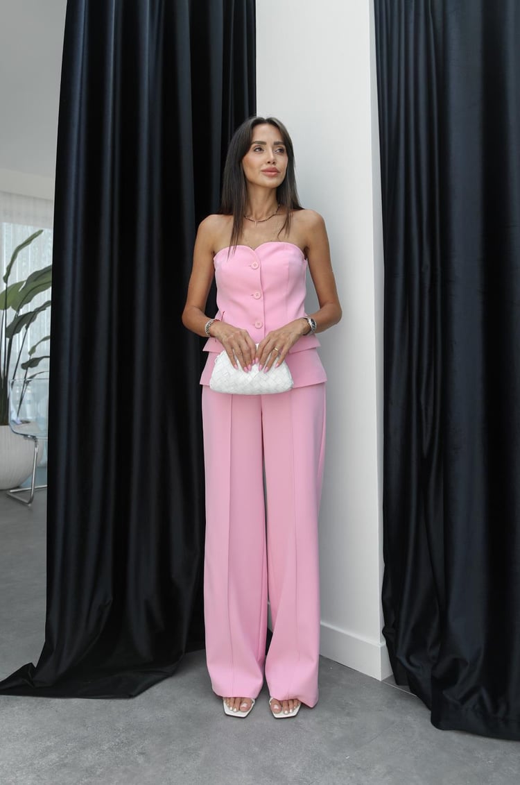 Pembe Straplez Yelek Pantolon Takım