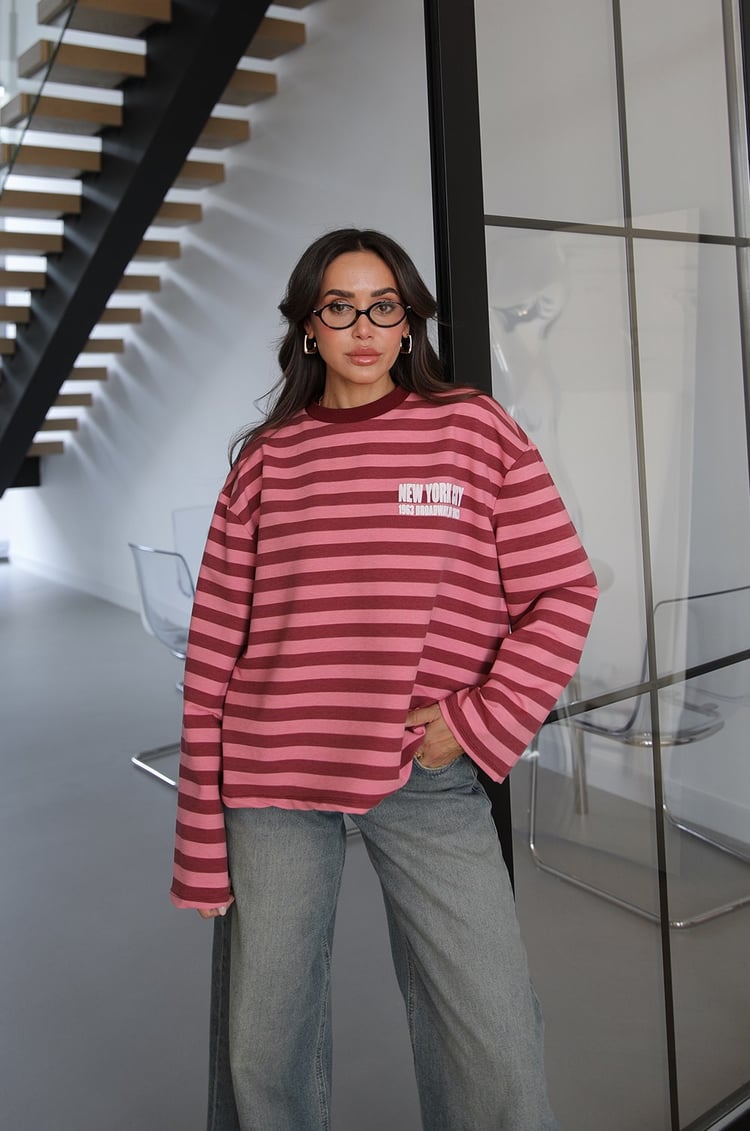 Pembe Yazı Baskılı Çizgili Sweatshirt