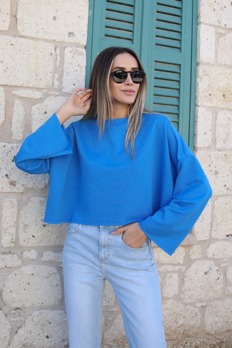Saks Mavisi Etek Ucu Dikişsiz Sweatshirt