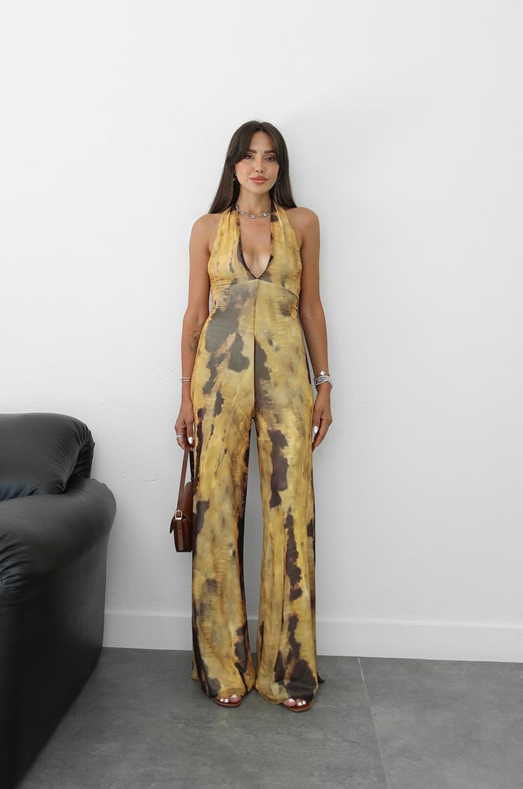 Sarı Dekolteli Boyundan Geçmeli Tulum