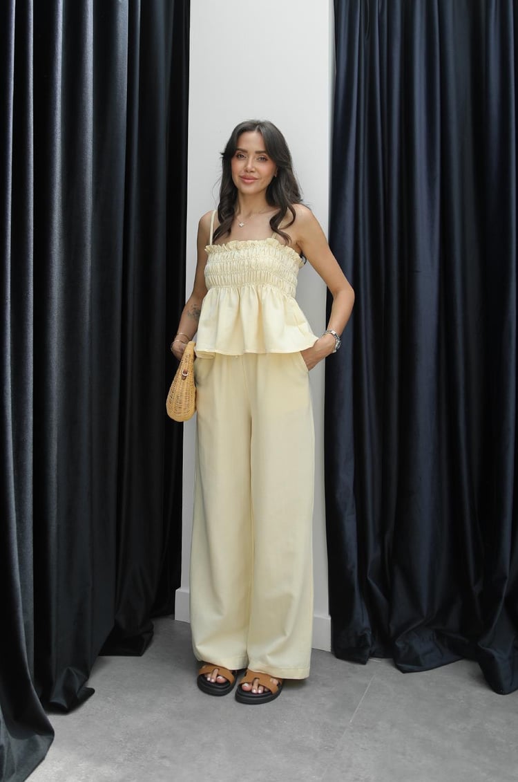 Sarı Gipeli Bluz Pantolon Keten Takım