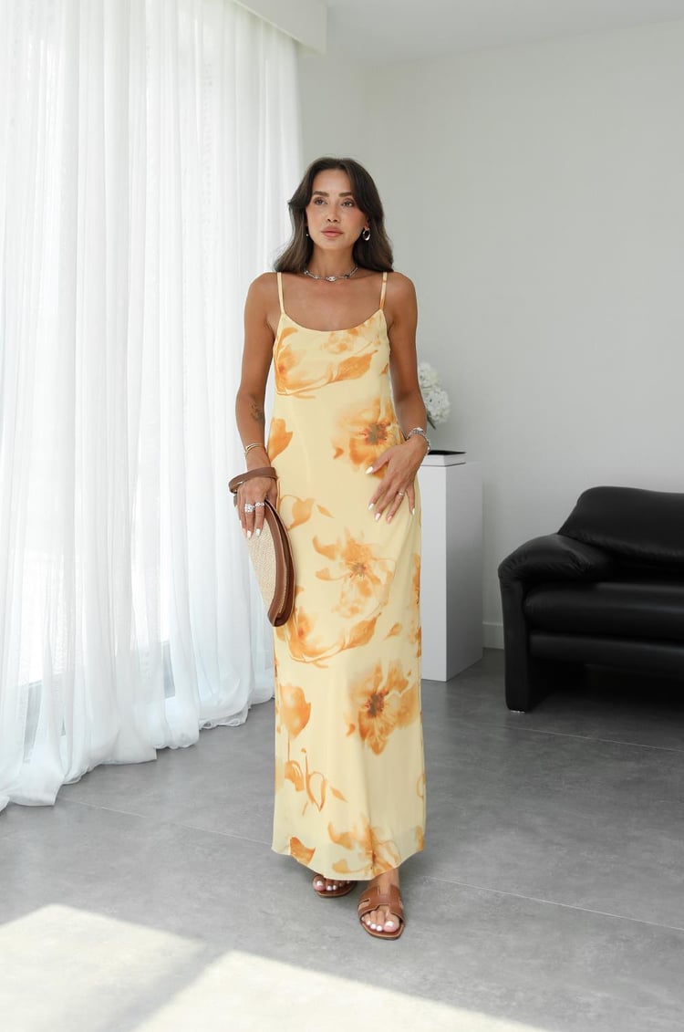 Sarı İnce Askılı Çiçekli Elbise