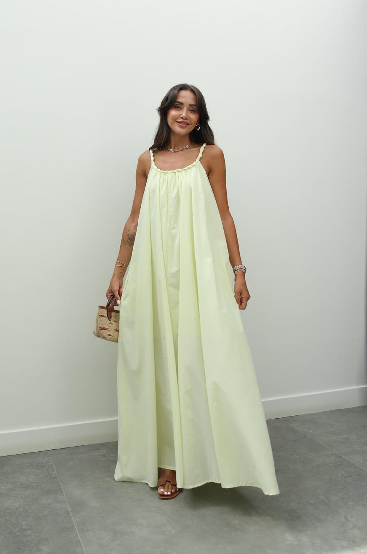 Sarı Örgü Detaylı Astarlı Vual Elbise