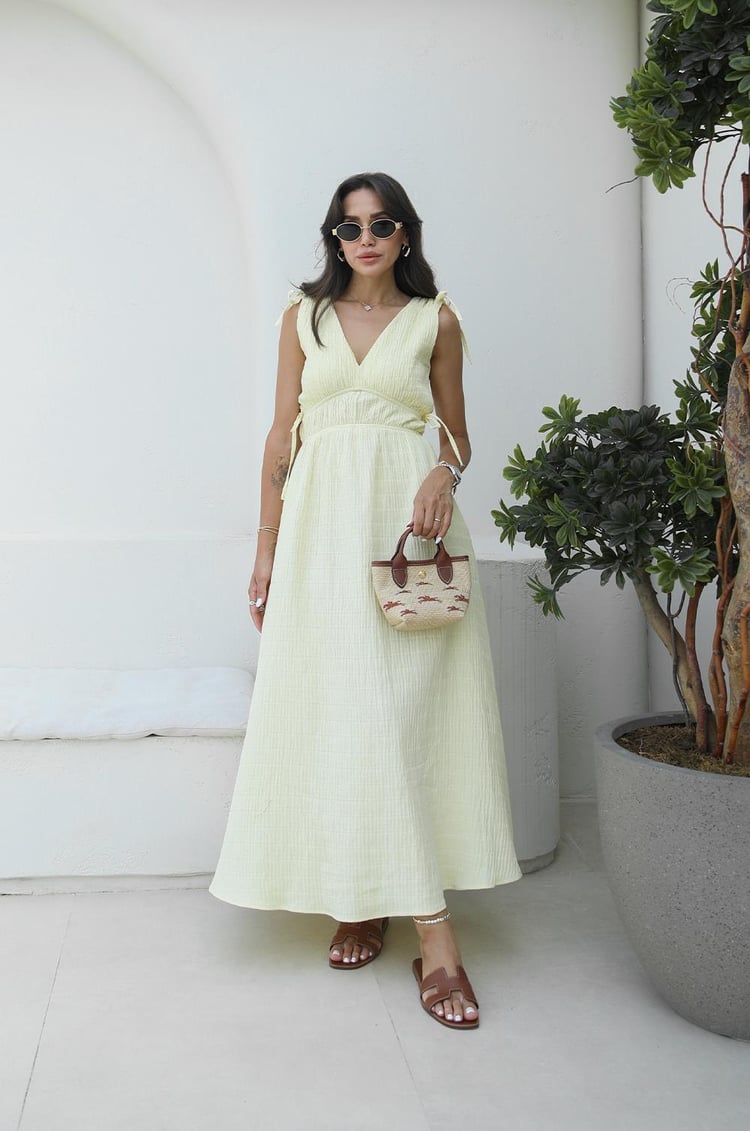 Sarı Shada Beli Lastik Detaylı Elbise