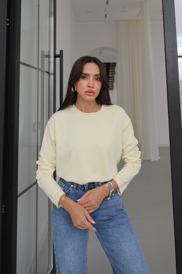 Sarı Tinta Bisiklet Yaka İnce Sweatshirt