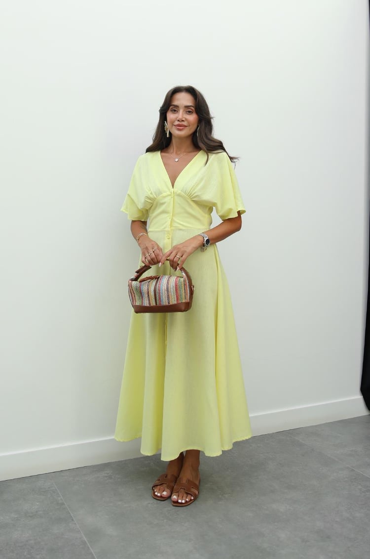 Sarı Wong V Yaka Keten Elbise