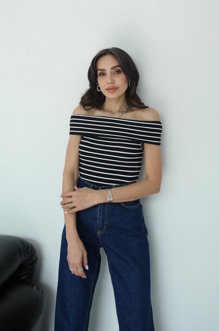 Siyah Alessia Çizgili Madonna Bluz