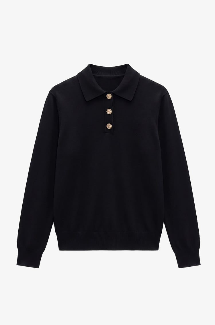 Siyah Button Polo Yaka Kazak