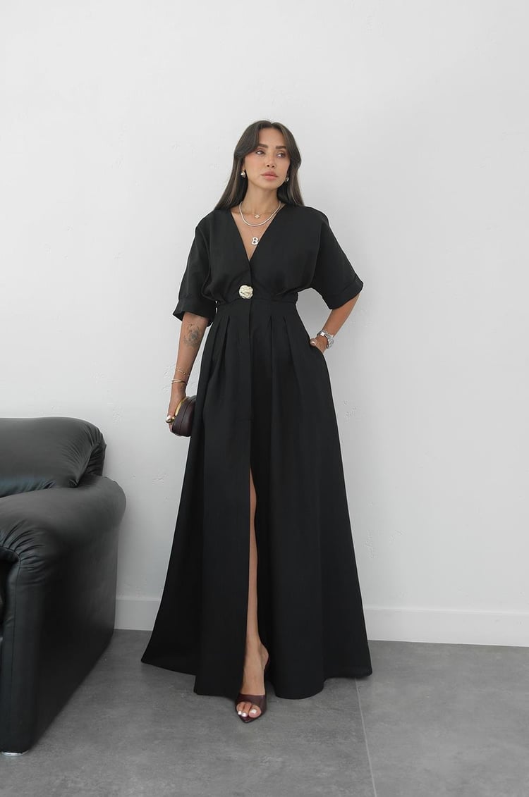 Siyah Gold Aksesuarlı Ham Keten Elbise