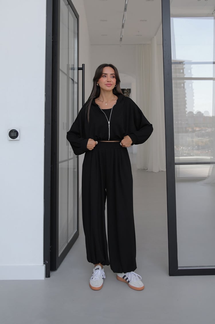 Siyah İp Büzgülü Sweat Atlet Pantolon Takım