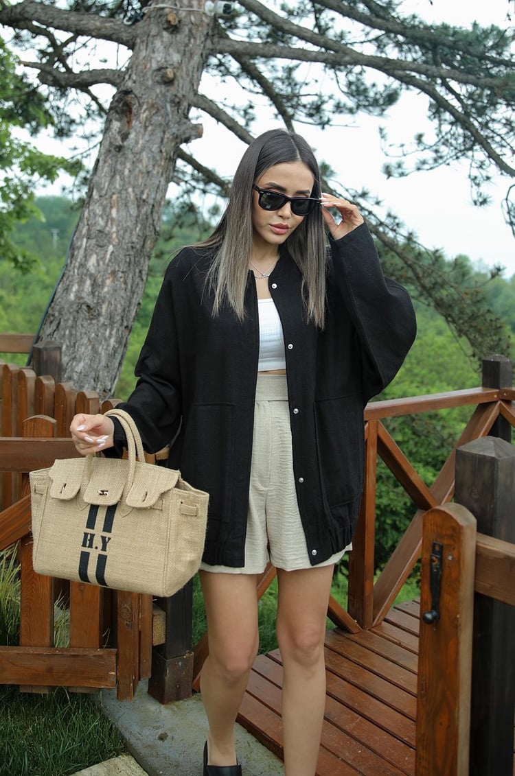 Siyah Keten Bomber Ceket