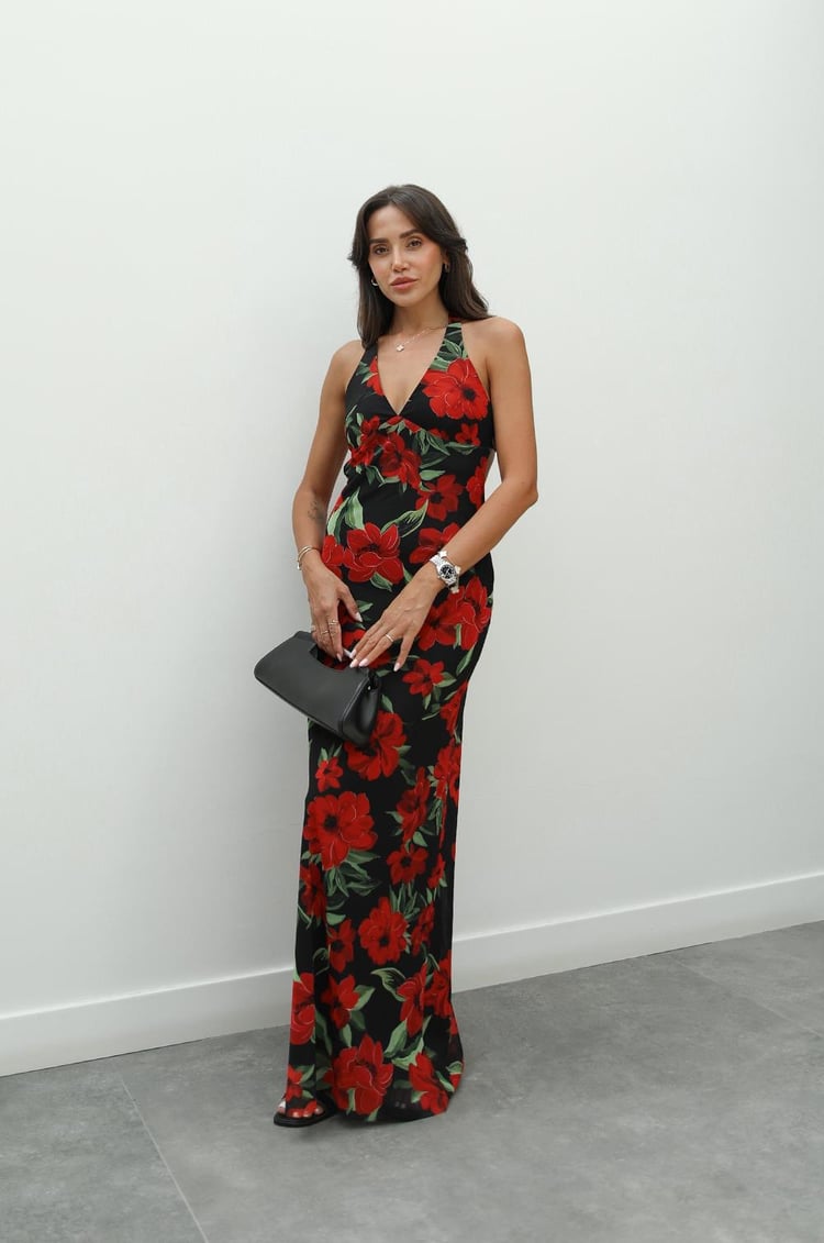 Siyah Kırmızı Çiçek Desenli Elbise