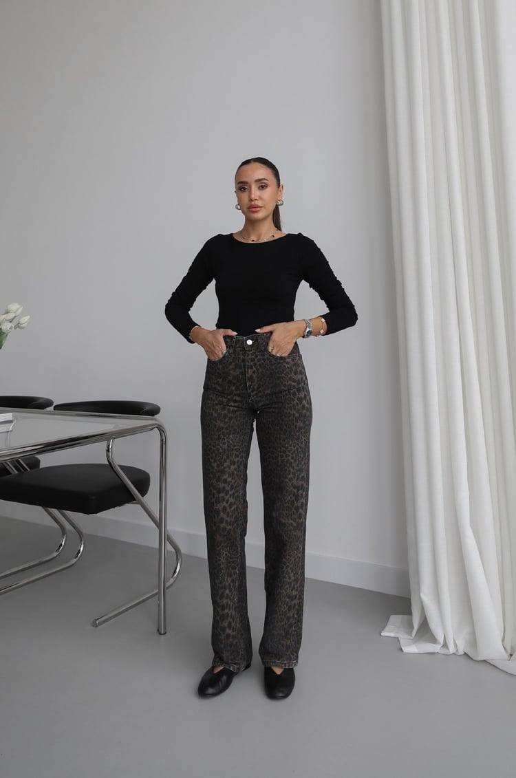 Siyah Leopar Kuzmina Straight Jean