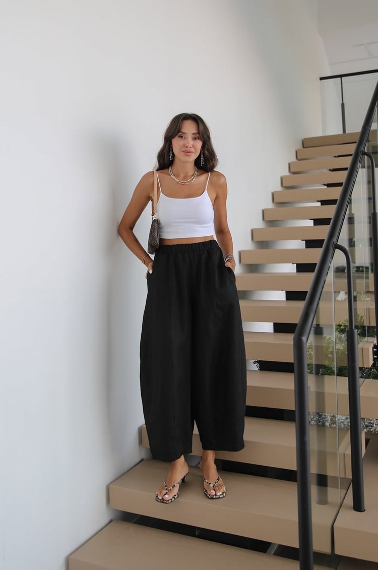 Siyah Linen Şalvar Pantolon