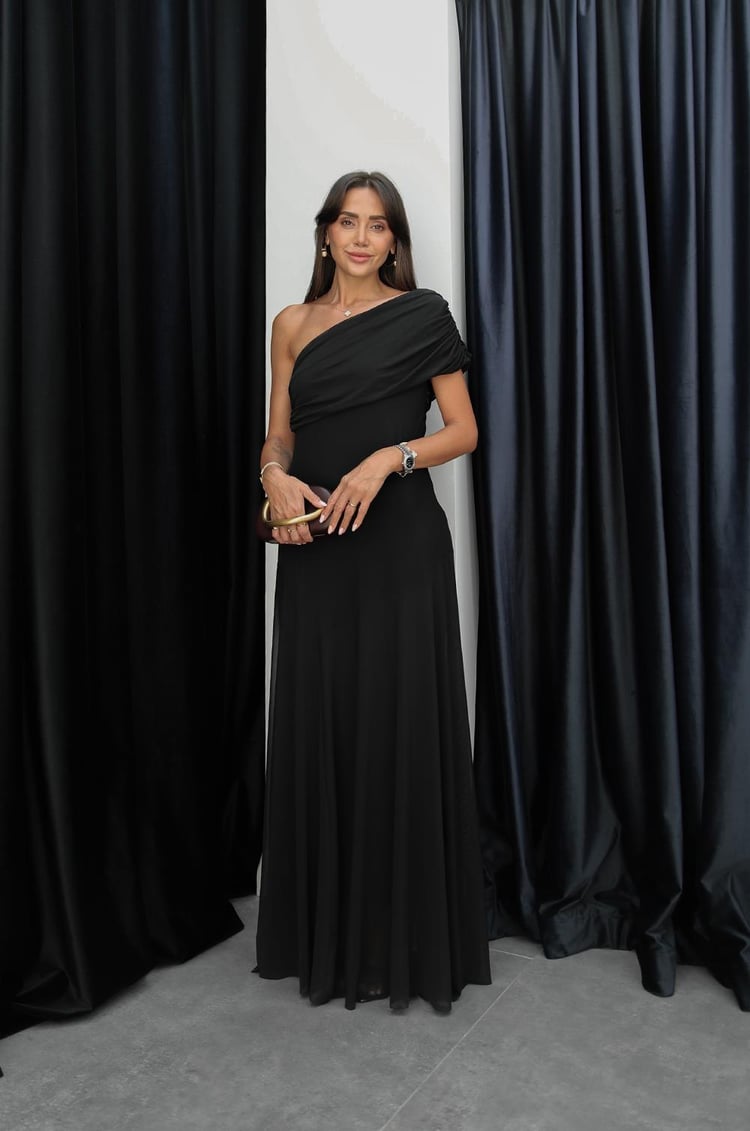 Siyah One Shoulder Şifon Elbise