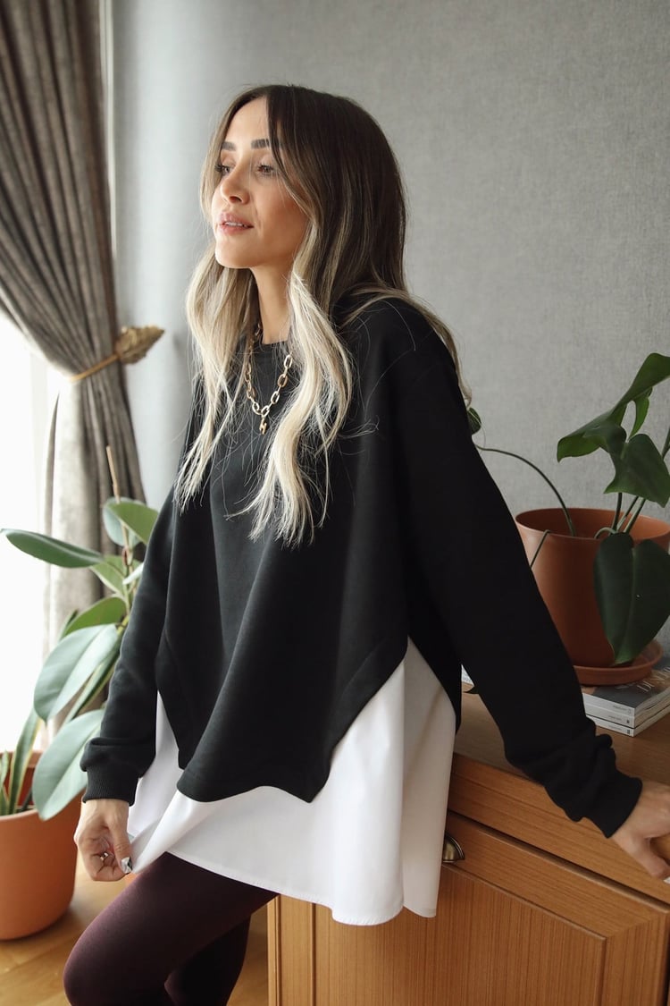Siyah Poplin Detaylı Sweatshirt