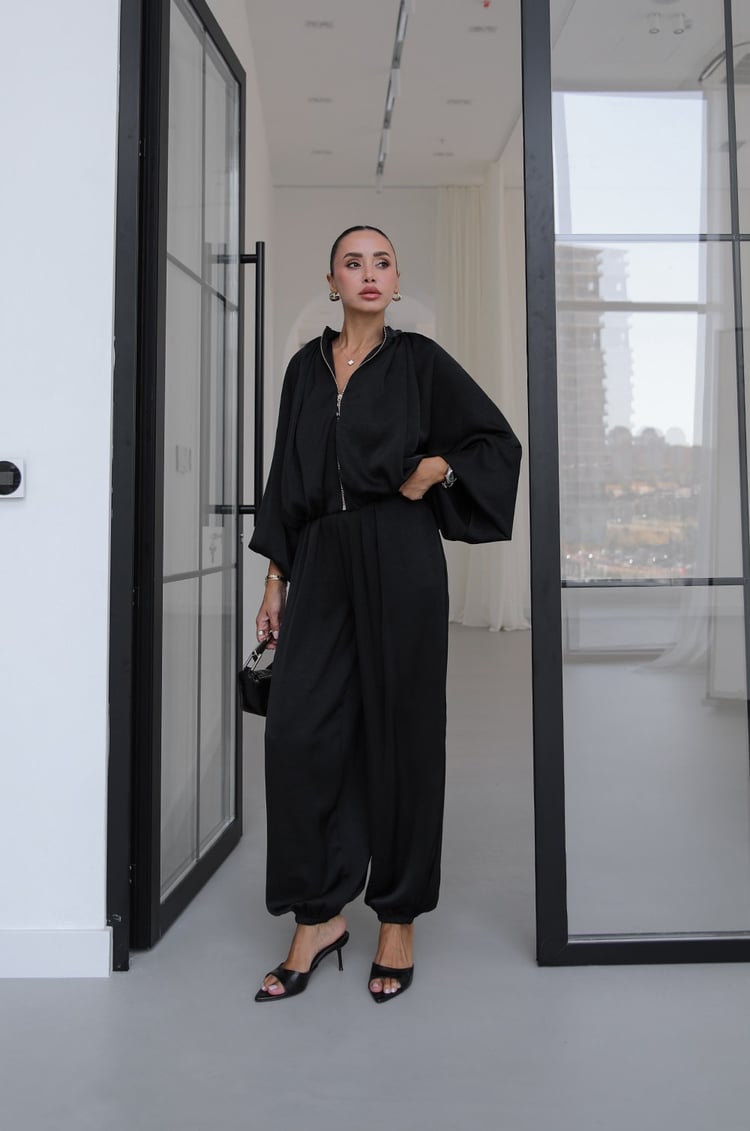 Siyah Soho Bomber Ceket Pantolon Saten Takım