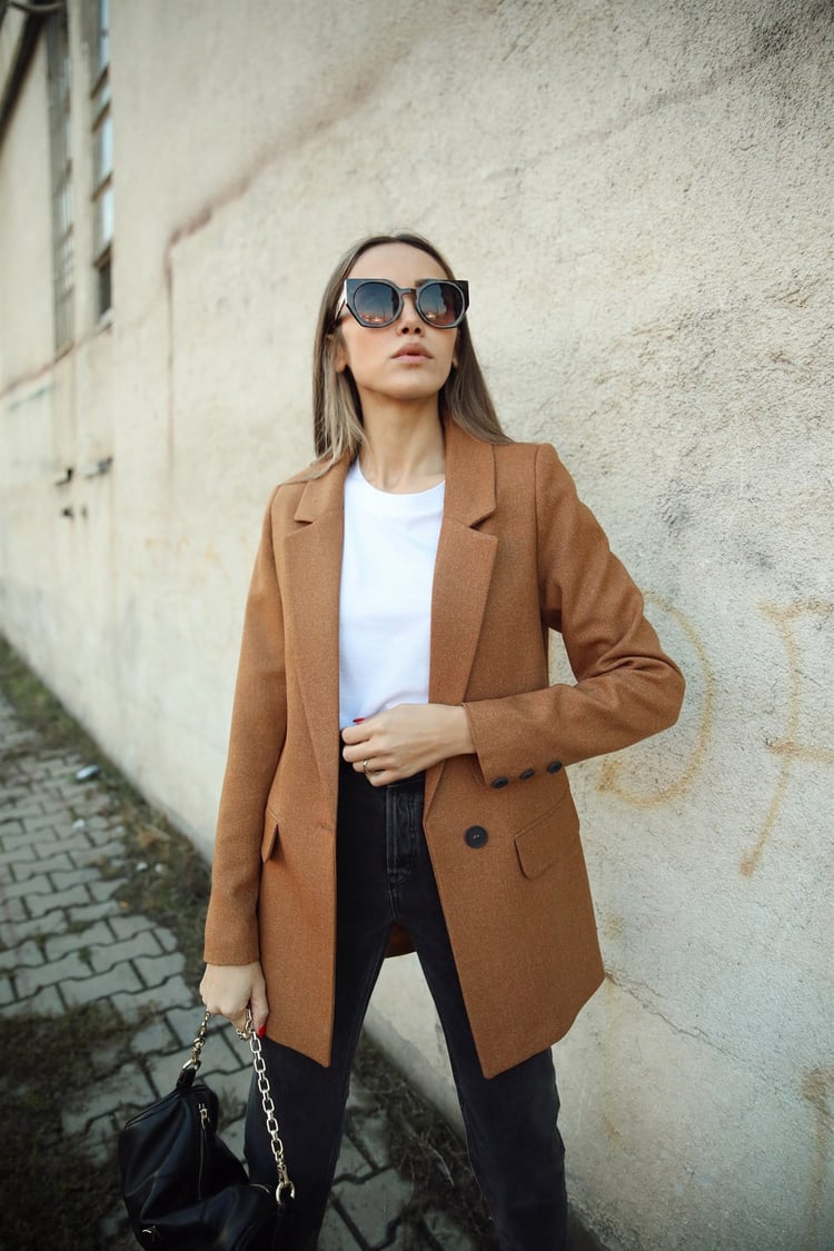Taba Tek Düğmeli Blazer Ceket