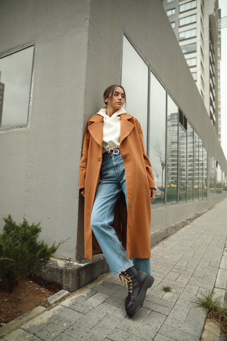 Taba Tek Düğmeli Oversize Kaban