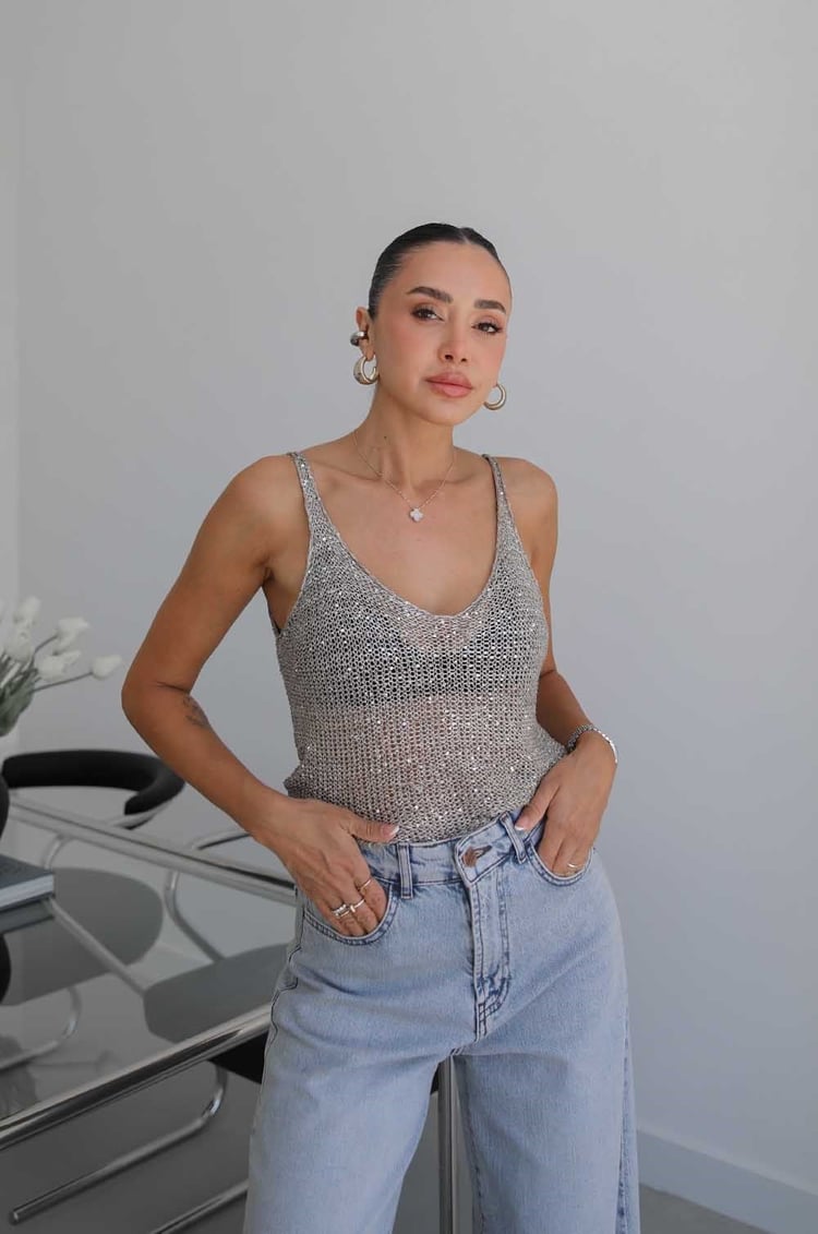 Taş Rengi Askılı Pullu Triko Bluz