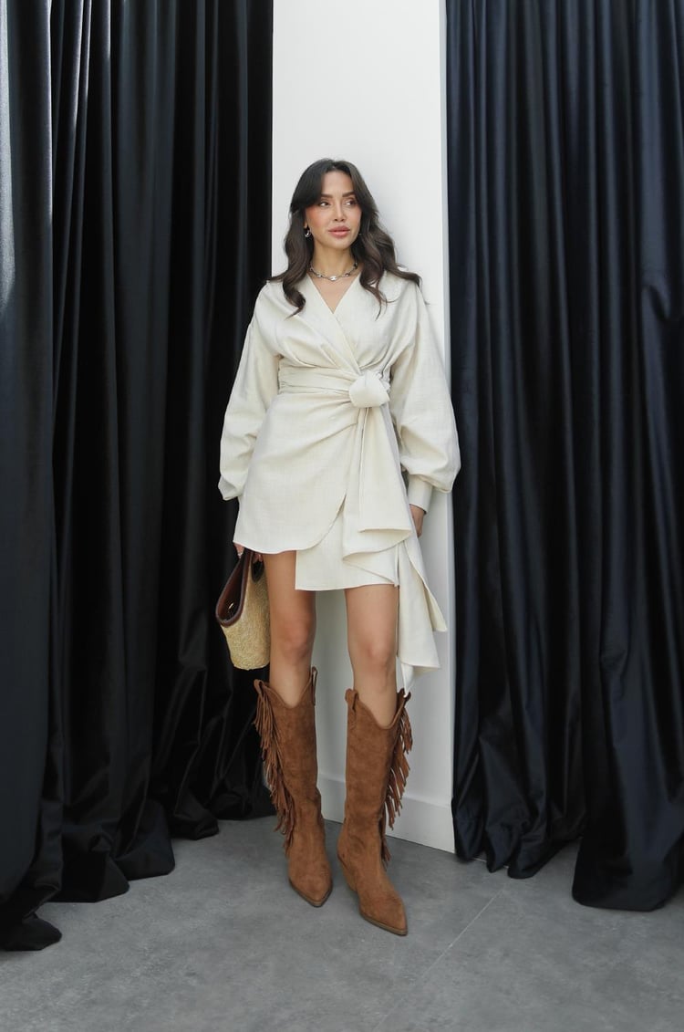 Taş Rengi Fier Anvelop Bağlamalı Elbise